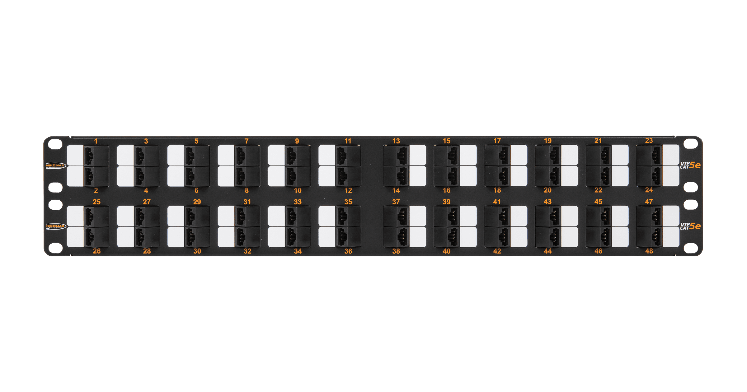 Коммутационная панель NIKOMAX 19", 2U, 48 угловых портов, Кат.5e (Класс D), 100МГц, RJ45/8P8C, 110/KRONE, T568A/B, неэкранированная, с органайзером, черная - гарантия: 5 лет расширенная / 25 лет системная