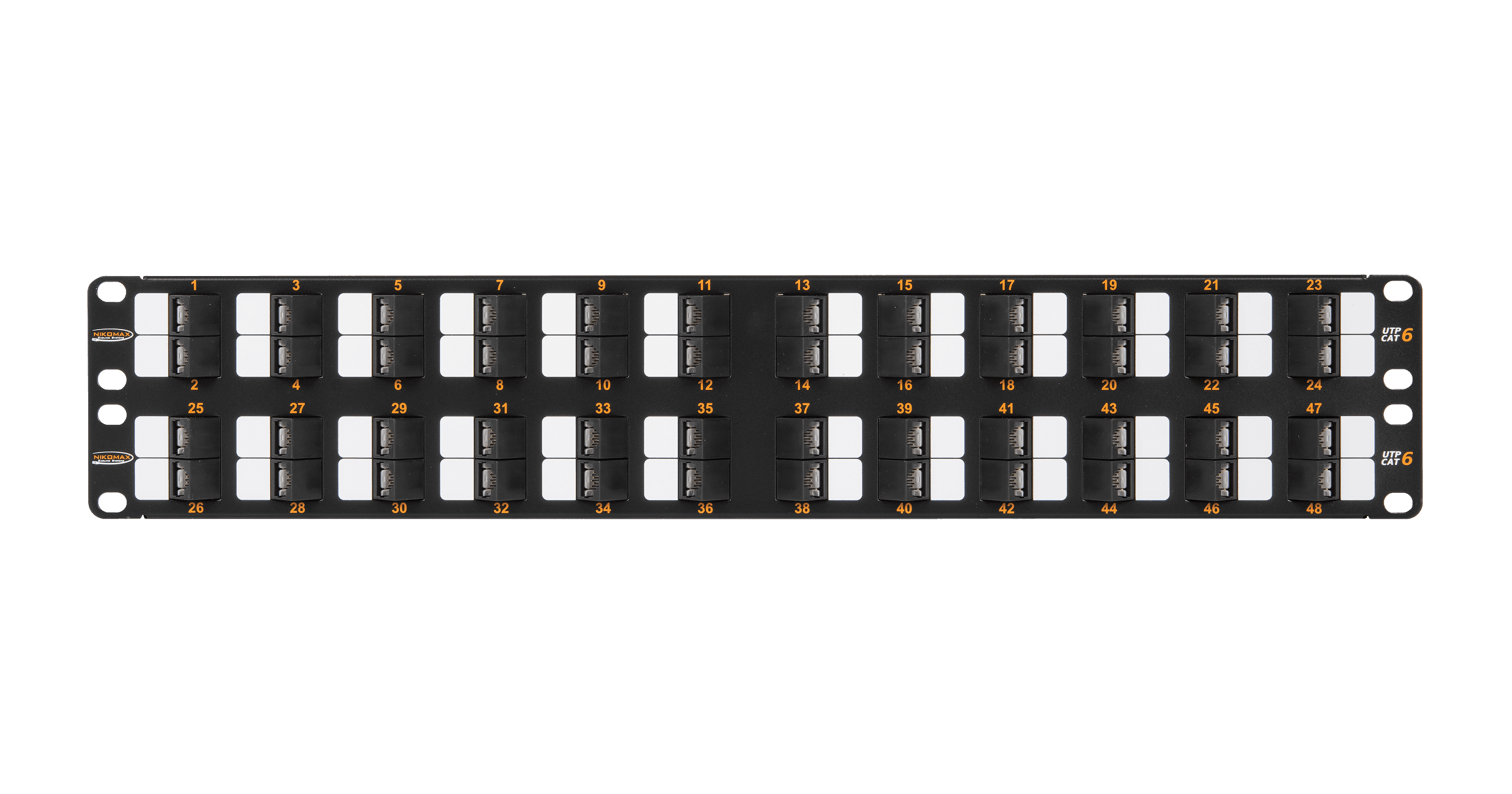 Коммутационная панель NIKOMAX 19", 2U, 48 угловых портов, Кат.6 (Класс E), 250МГц, RJ45/8P8C, 110/KRONE, T568A/B, неэкранированная, с органайзером, черная - гарантия: 5 лет расширенная / 25 лет системная