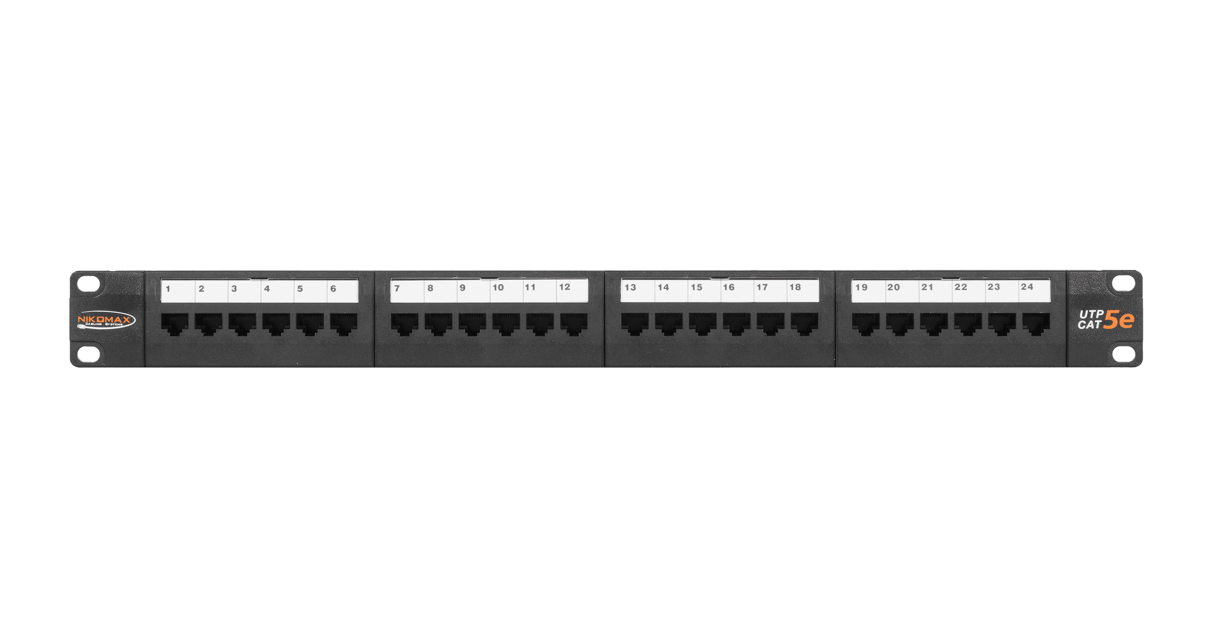 Коммутационная панель NIKOMAX 19", 1U, 24 порта, Кат.5e (Класс D), 100МГц, RJ45/8P8C, 110/KRONE, T568A/B, неэкранированная, с органайзером, черная - гарантия: 5 лет расширенная / 25 лет системная