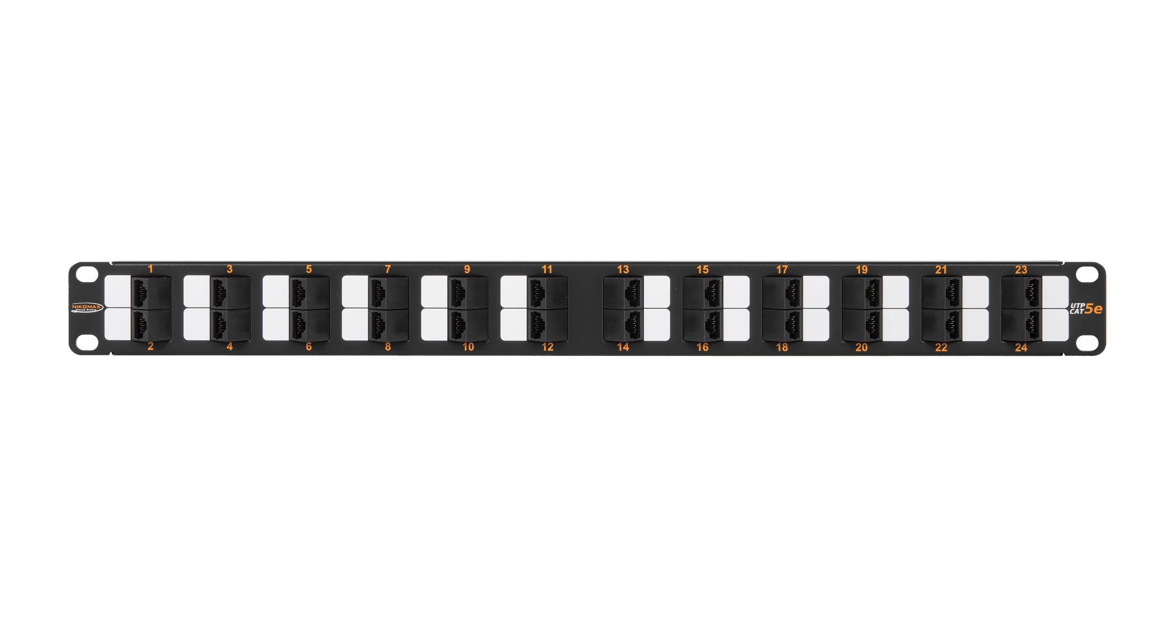 Коммутационная панель NIKOMAX 19", 1U, 24 угловых порта, Кат.5e (Класс D), 100МГц, RJ45/8P8C, 110/KRONE, T568A/B, неэкранированная, с органайзером, черная - гарантия: 5 лет расширенная / 25 лет системная