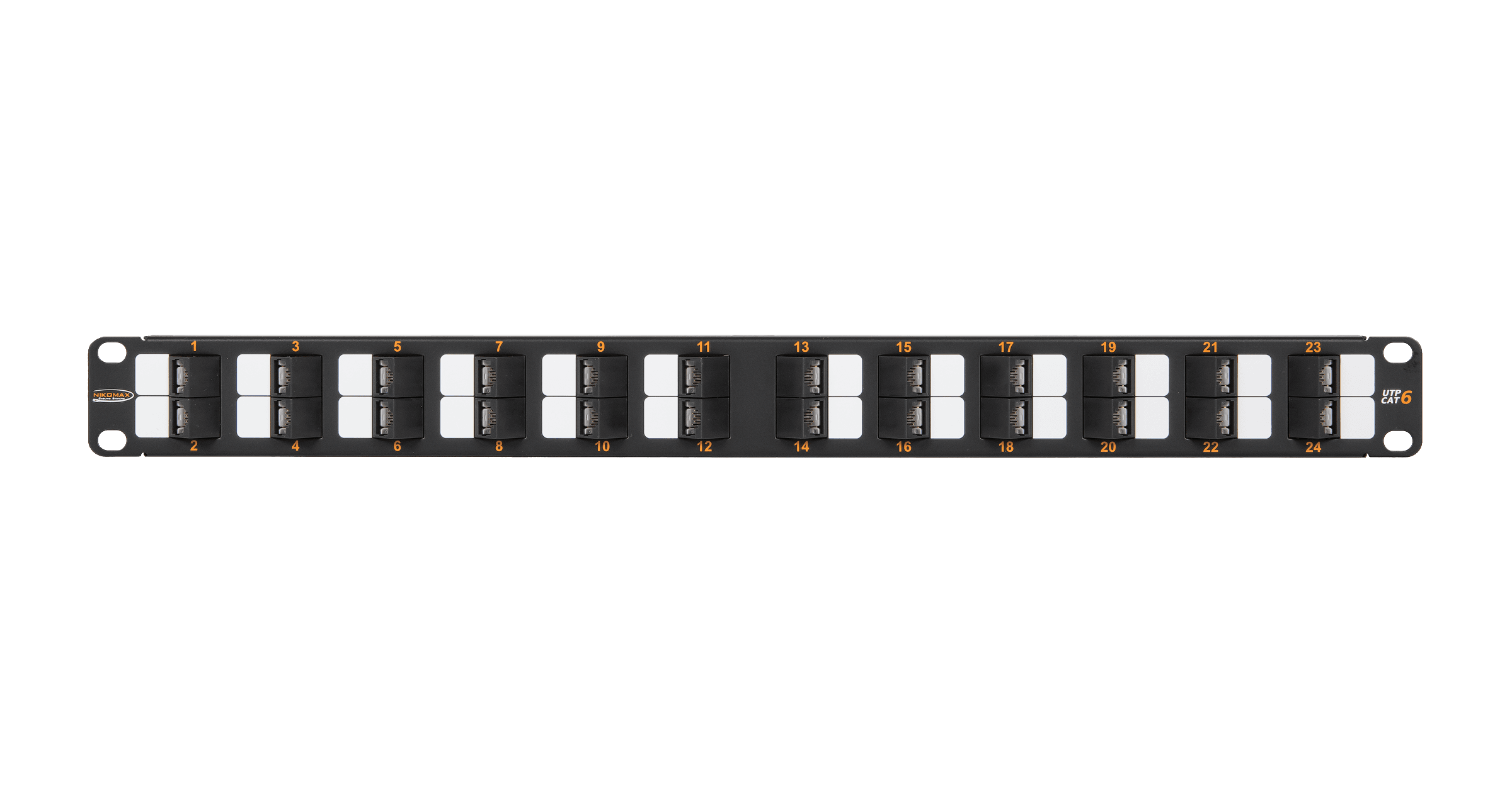 Коммутационная панель NIKOMAX 19", 1U, 24 угловых порта, Кат.6 (Класс E), 250МГц, RJ45/8P8C, 110/KRONE, T568A/B, неэкранированная, с органайзером, черная - гарантия: 5 лет расширенная / 25 лет системная