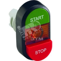 Кнопка двойная MPD15-11R (зеленая/красная-выступающая) красная-в ыступающая линза с текстом (START/STOP)