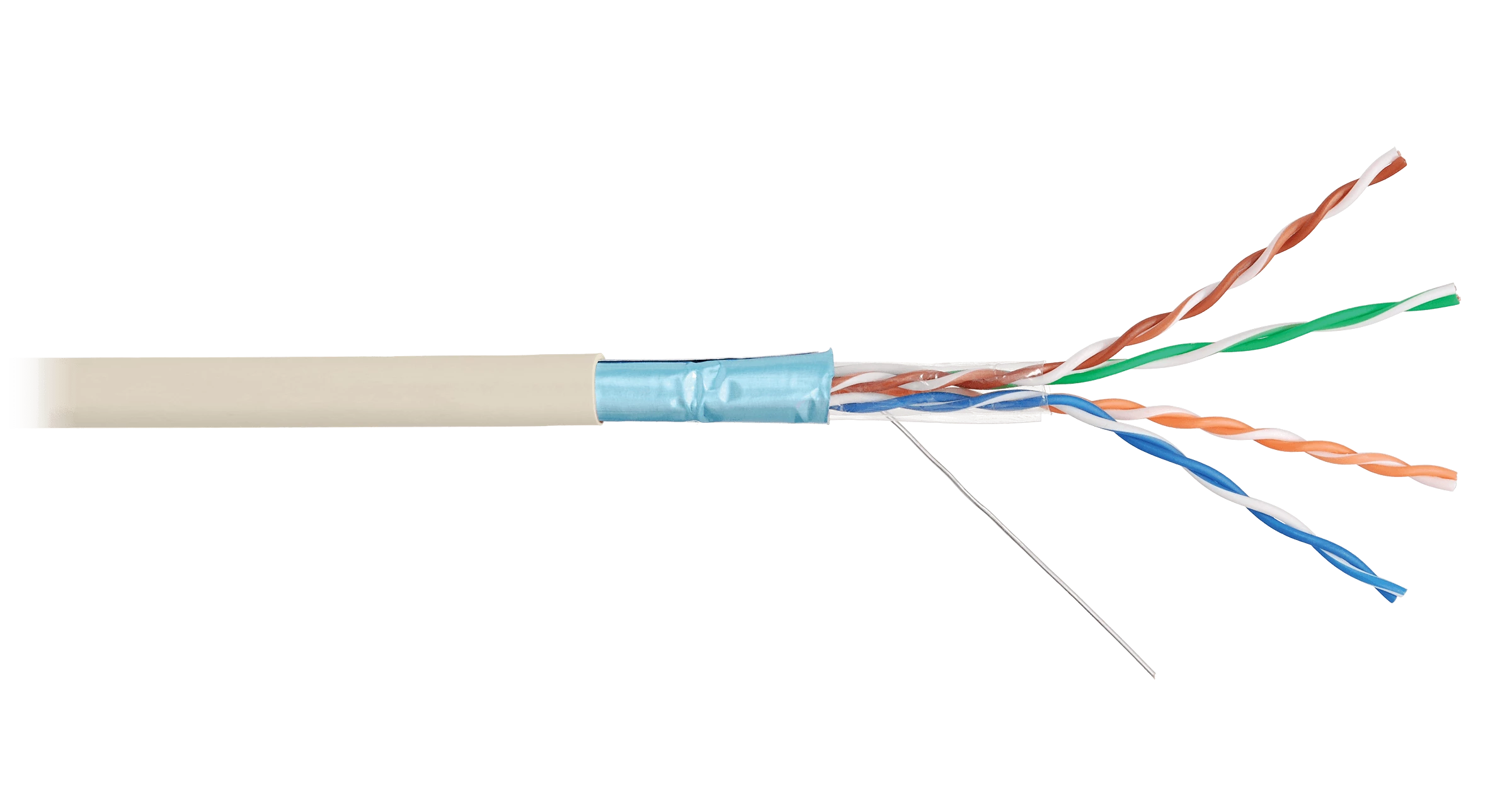 Кабель NIKOLAN F/UTP 4 пары, Кат.5e (Класс D), тест по ISO/IEC, 100МГц, одножильный, BC (чистая медь), 24AWG (0,511мм), внутренний, PVC нг(А), слоновая кость, 305м - гарантия: 5 лет расширенная / 25 лет системная
