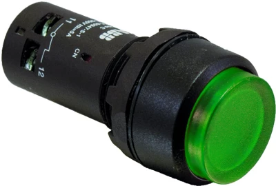 Кнопка с подсветкой CP4-13G-10 зеленая 220В AC/DC с выступающей клавишей с фиксацией 1НО