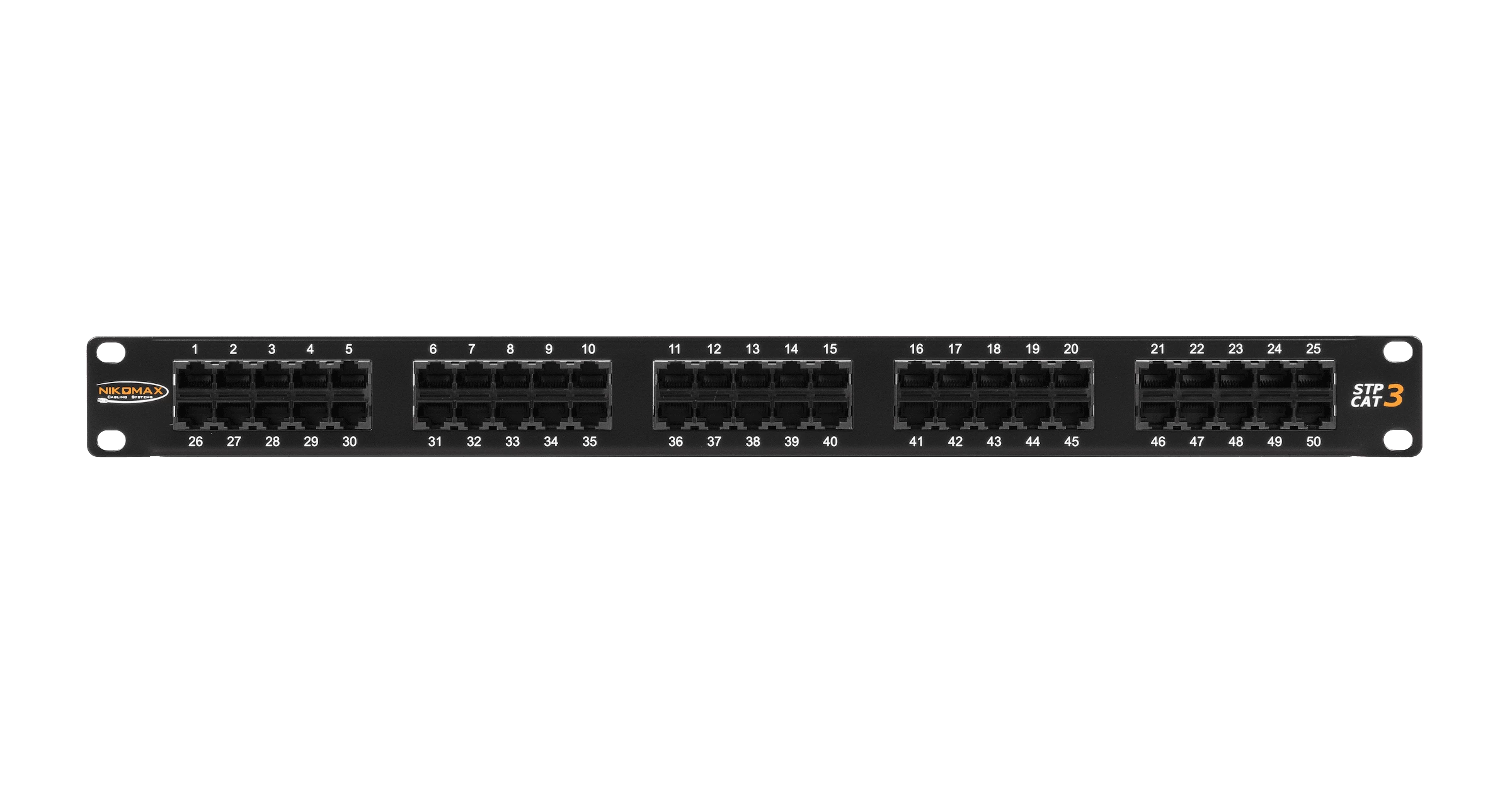 Коммутационная панель NIKOMAX 19", 1U, телефонная, 50 портов, Кат.3 (Класс C), 16МГц, RJ45/8P6C, 110/KRONE, с заземлением, с органайзером, черная
