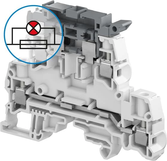 Клемма винтовая ZS4-D2-SF1-R3 - 4 мм², 2 уровня, 4 зажима, держатель предохранителя на верхнем уровне, с индикатор сгор, предохр, 115-250В AC/DC