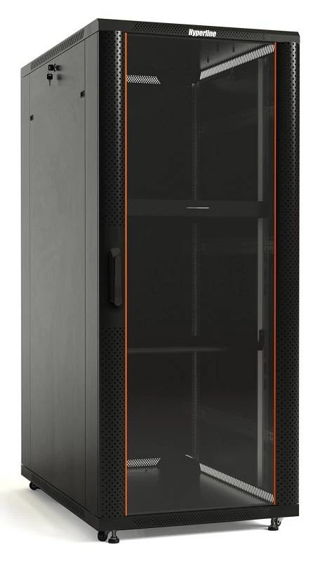 Шкаф напольный 19-дюймовый, 47U, 2277x600х600 мм (ВхШхГ), передняя стеклянная дверь со стальными перфорированными боковинами, задняя дверь сплошная, ручка с замком, крыша нового типа, цвет черный (RAL 9004) (разобранный) Hyperline