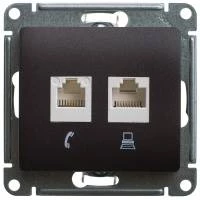 Двойная компьютерная розетка GLOSSA RJ45+RJ45, кат.5E, механизм, шоколад